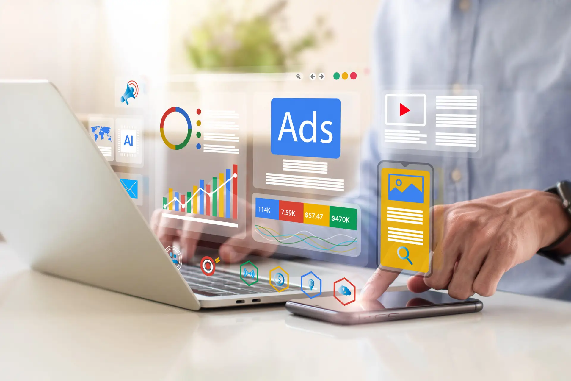Digital marketing concept, Businessman using laptop with Ads dashboard digital marketing strategy analysis for branding. online advertisement, ad on website and social media. SEO. SMM.